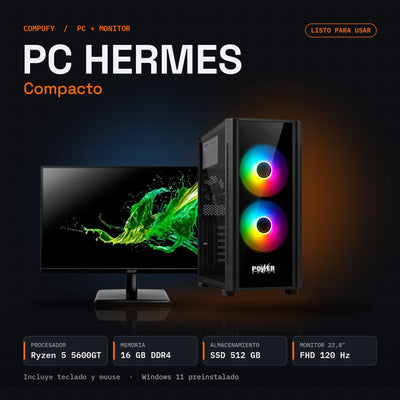 PC Hermes Compacto · Ryzen 5 5600GT, 16 GB RAM, SSD 512 GB + monitor 23,8" Full HD 120 Hz