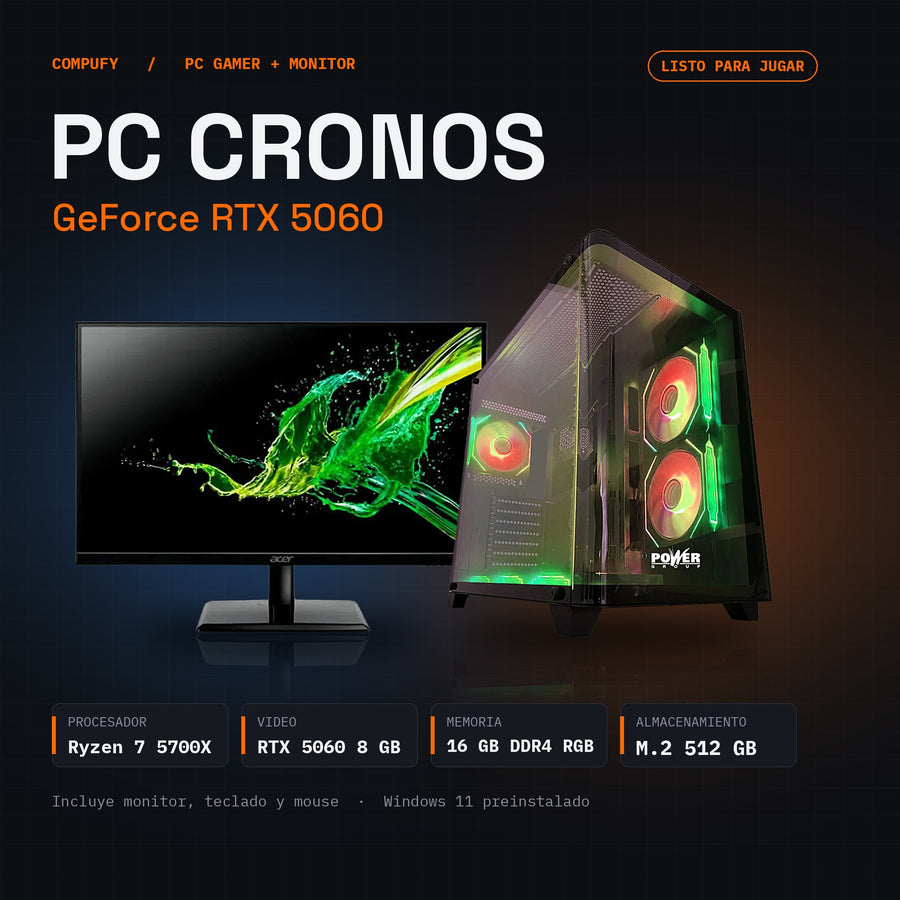 PC Cronos · Ryzen 7 5700X, RTX 5060 8 GB, 16 GB RAM, SSD M.2 512 GB + monitor 23,8" Full HD